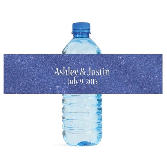 100 Modern Dark Blue Glitter Wedding Birthday Party Water Bottle Labels 8"x2"