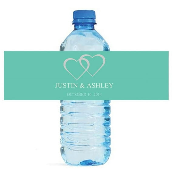 100 Modern Mint Hearts Wedding Water Bottle Labels