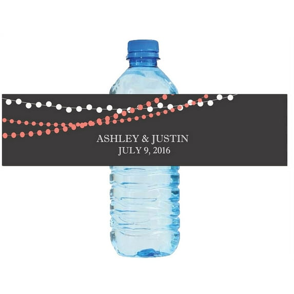 100 Modern with Coral String Lights Wedding Birthday Party Water Bottle Labels 8"x2"
