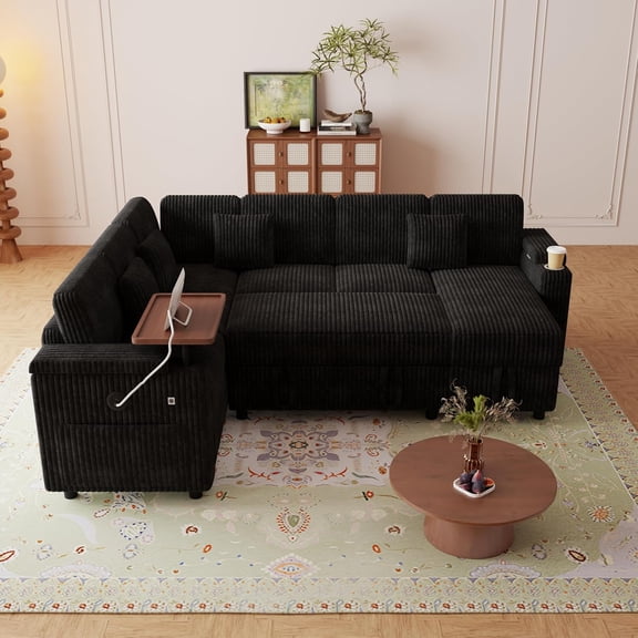 100'' Modular Sectional Sleeper Sofa, U Shaped Reclining Sectional Couch with Storage, 6-Seater Corduroy Sofa Bed with Cup Holder, Table, USB, 4 Pillows, Pull-Out Couch for Living Room, Black