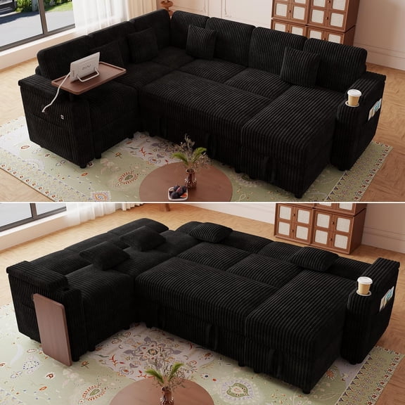 100'' Modular Sectional Sleeper Sofa, U Shaped Reclining Sectional Couch with Storage, 6-Seater Corduroy Sofa Bed with Cup Holder, Table, USB, 4 Pillows, Pull-Out Couch for Living Room, Black