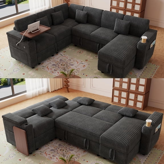 100'' Modular Sectional Sleeper Sofa, U Shaped Reclining Sectional Couch with Storage, 6-Seater Corduroy Sofa Bed, Cup Holder, Table, USB, 4 Pillows, Pull-Out Couch for Living Room, Dark Gray