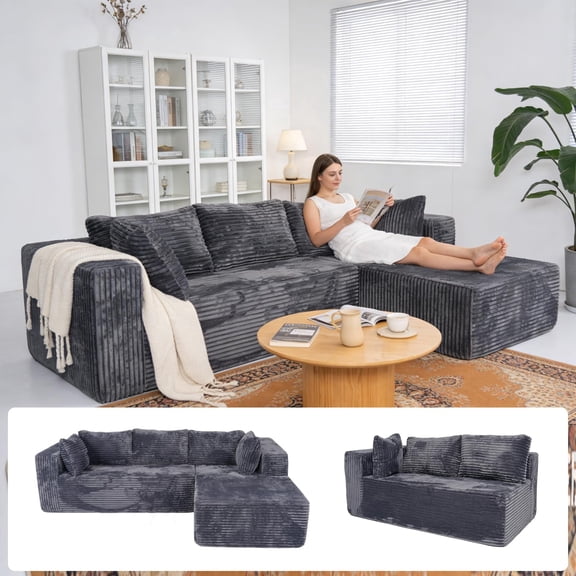 100" Modular Sectional Sofa Cloud Couch with Memory Foam Deep Seat Modern L-Shape Sofa Plush Corduroy Boneless Couches for Living Room Bedroom,No Assembly Required