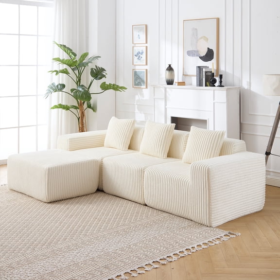 100" Modular Sectional Sofa, Convertible L-Shaped Couch with 25.6in Deep Seat and Chaise Lounge, 3 Seater Cloud Couch with Wide Armrest and 1200LBS Load-Bearing for Huge Person, White