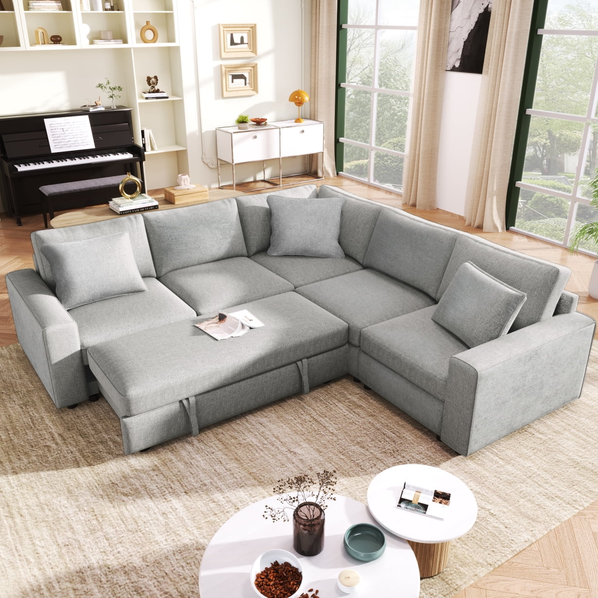 100" Modular Sectional Sofa with Pull Out Bed, L Shaped Sleeper Sofa