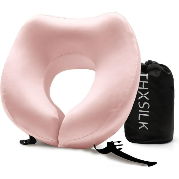100% Mulberry Silk Neck Pillow for Traveling, Pure Memory Foam Travel Pillow for airplanes, Travel Neck Pillow for Sleeping, Head and Neck Support, neck pillow with Storage Bag (Charming Pink)
