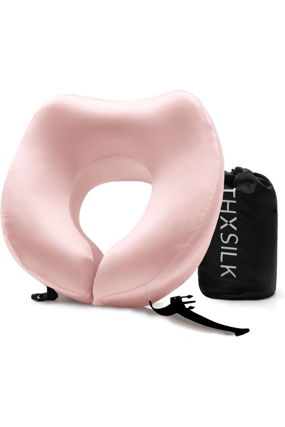 100% Mulberry Silk Neck Pillow for Traveling, Pure Memory Foam Travel Pillow for airplanes, Travel Neck Pillow for Sleeping, Head and Neck Support, neck pillow with Storage Bag (Charming Pink)