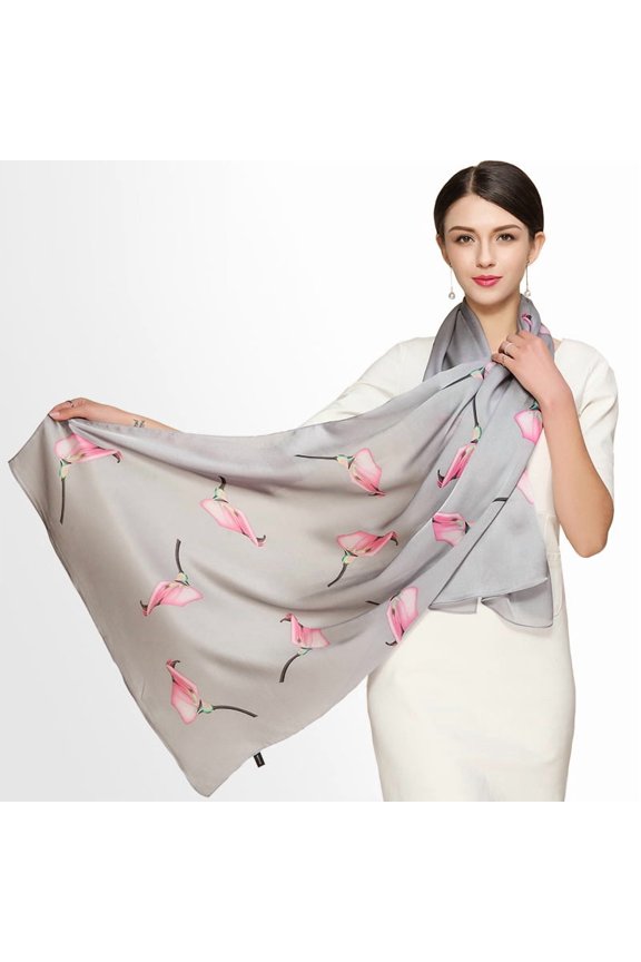 Elegant Calla Lily Print 100% Silk Scarf, Luxury Mulberry Silk Shawl for Women,18065,gray