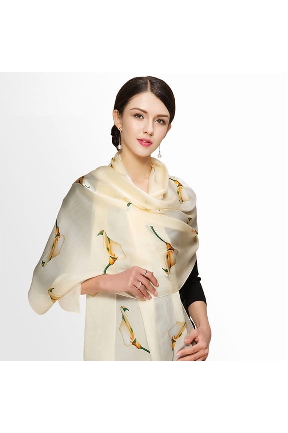 Elegant Calla Lily Print 100% Silk Scarf, Luxury Mulberry Silk Shawl for Women,18065,beige