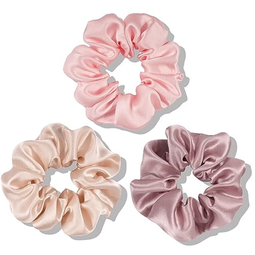 100% Mulberry Silk-Scrunchies for Hair Sleep, Women Grils Silk Hair Ties for Frizz & Breakage Curly Hair, No Damage, Elastics Ponytail Holder, 3 Pack