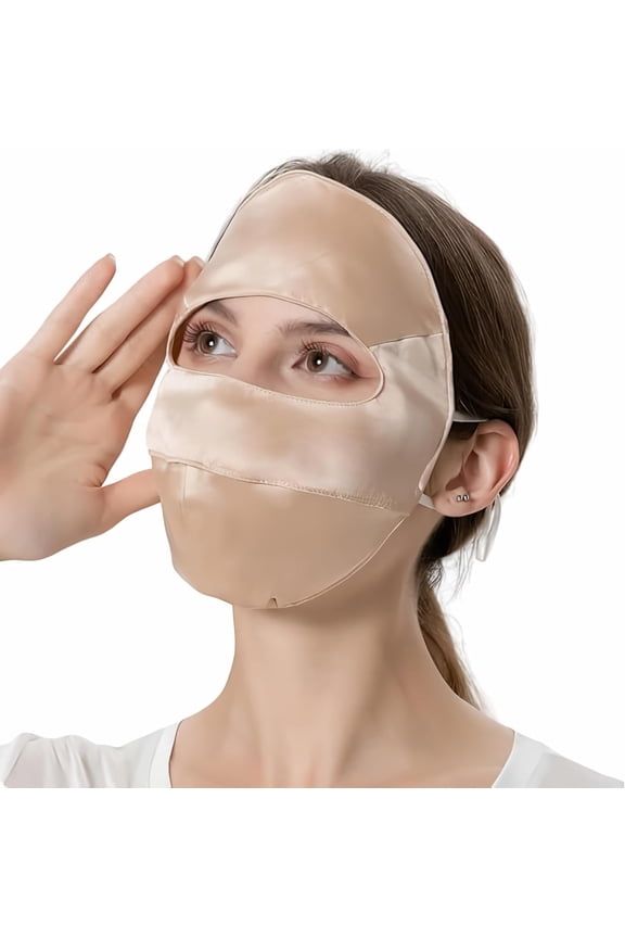 100% Mulberry Silk Sun Protection Face Mask with Forehead Coverage, UPF 50 Anti-Aging Hypoallergenic Facial Shield with Adjustable Straps for Outdoor