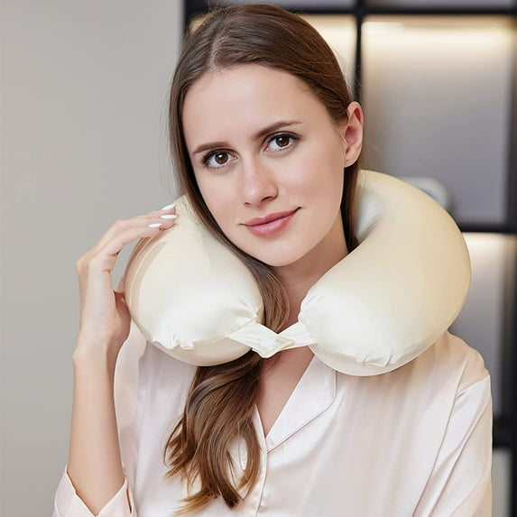 100% Mulberry Silk Travel Neck Pillow for Sleeping 22 Momme Silk Airplane Travel Pillow for Pain Relief Sleeping , Plane Neck Support Pillow , Anti Wrinkle, Made in USA
