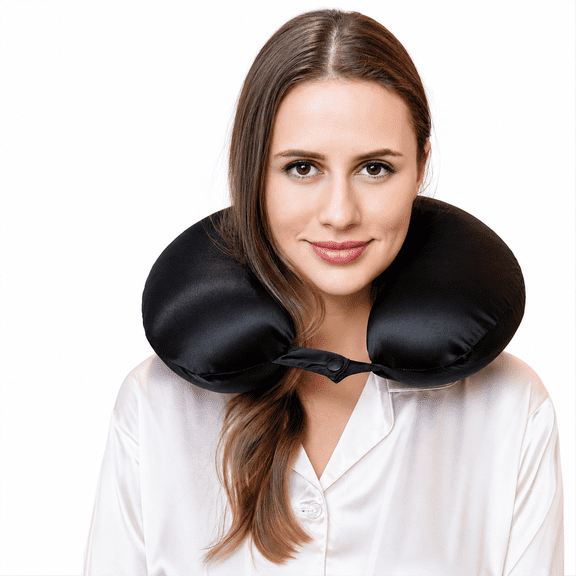 100% Mulberry Silk Travel Neck Pillow for Sleeping 22 Momme Silk Airplane Travel Pillow for Pain Relief Sleeping , Plane Neck Support Pillow , Anti Wrinkle, Made in USA
