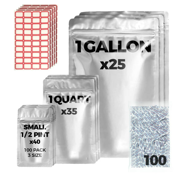100 Mylar Bags For Food Storage 10 mil 1 Gallon (25pc), 8 mil 1 Quart (35pc, 6 mil 1/2 Pint (40pc, Stand Up Resealable Mylar Bags With Oxygen Absorbers 300CC Packing Ziplock Sealable Milar Myler Bag