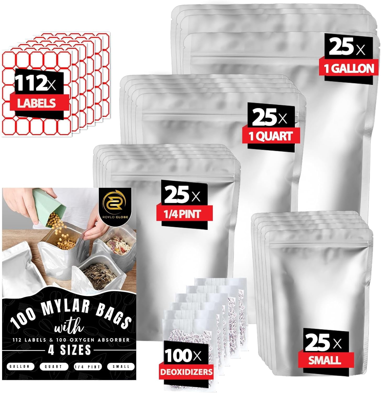 100 Mylar Bags with Oxygen Absorbers 112 Labels & StandUp Zipper