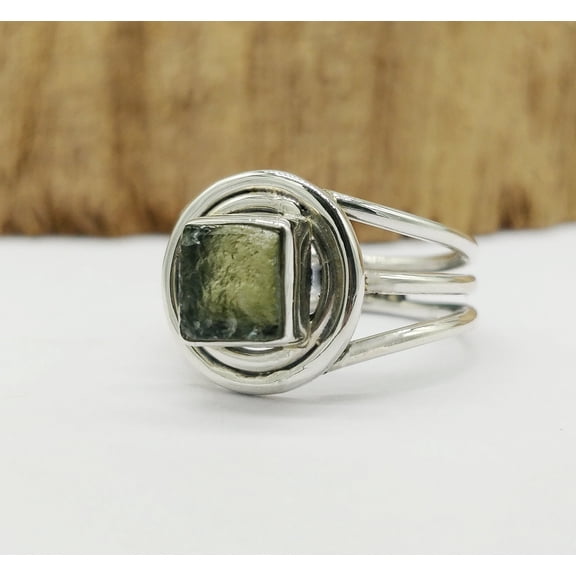 100% NATURAL MOLDAVITE GEMSTONE | 925 Sterling Silver | Gifts for Her | Three Lovely Shank Style | Moldavite Ring | 5-6 mm Size Square Shape