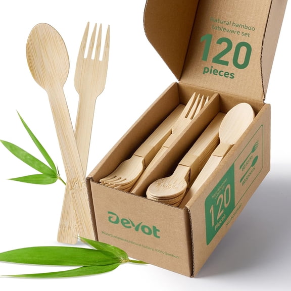 100% Natural Bamboo Disposable Cutlery Set - 120 Mix (60 Forks, 60 Spoons) 6.7", Eco Friendly Utensils, Biodegradable, Compostable, Splinter Free and Perfect For Weddings, Camping, Party