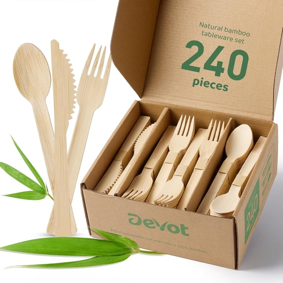 100% Natural Bamboo Disposable Cutlery Set - 240 Mix (60 Knives 120 Forks 60 Spoons) 6.7" Eco Friendly Utensils Biodegradable Compostable and Perfect For Weddings Camping Party