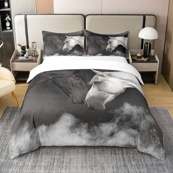 100% Natural Cotton 3D Horse Bedding Set Twin Size 2Pcs,Grey Horse Duvet Cover,Sky Galloping Horse Comforter Cover,Woodland Farmhouse Animal Quilt Cover With 1 Pillowcase,Soft Warm