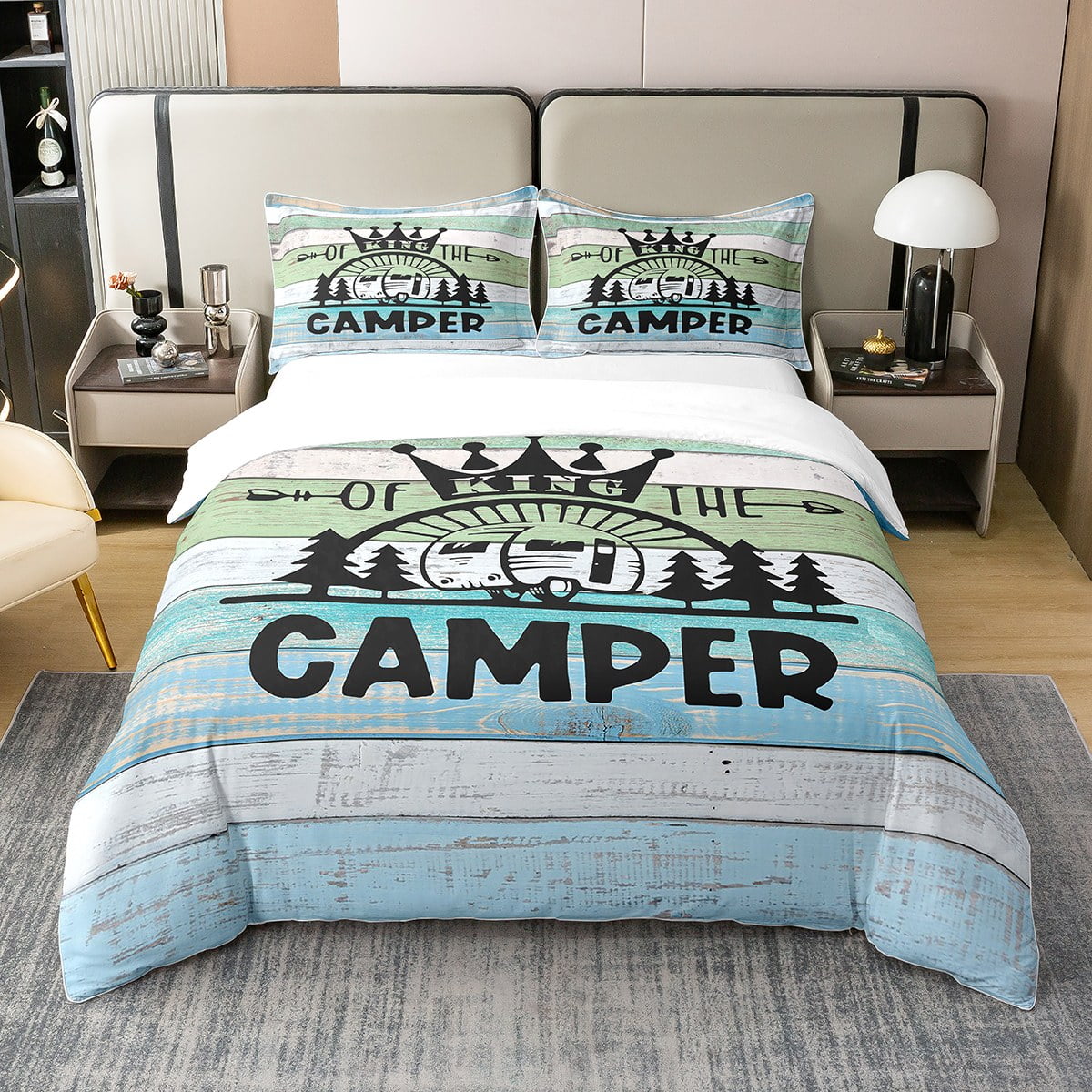 100 Natural Cotton Camper Duvet Cover,Camping Themed Bedding Set for