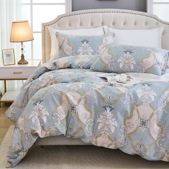 100% Natural Cotton Duvet Cover Set 3 Pcs Grayish Blue Duvet Cover with Luxurious Damask Pattern, Reversible Breathable Soft Comforter Cover Sets with Zipper Closure All Season