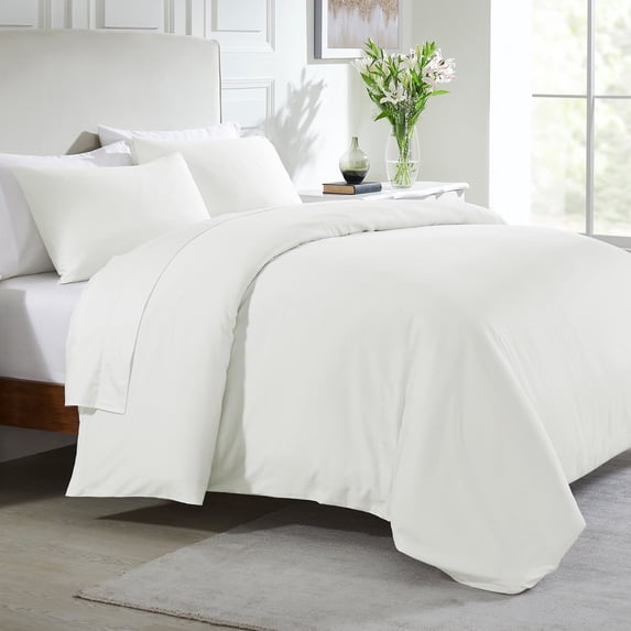 100% Natural Cotton Duvet Cover Set - Premium 400 Thread Count, Bedding Set, Silky Sateen Weave, Button Closure and Corner Ties (3 Piece, Ivory, Oversized King)