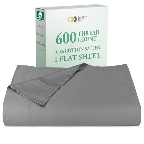 100% Natural Cotton Flat Sheet Only - 600 Thread Count, Soft and Crisp, Breathable, Top Sheet Only, Premium Sateen Weave - Mist Grey, King Size