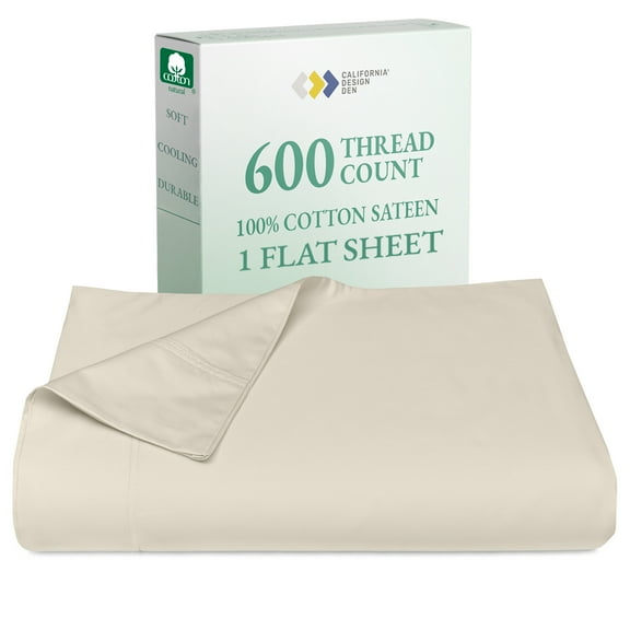100% Natural Cotton Flat Sheet Only - 600 Thread Count, Soft and Crisp, Breathable, Top Sheet Only, Premium Sateen Weave - Ivory (Creamy Beige Tone), Queen Size