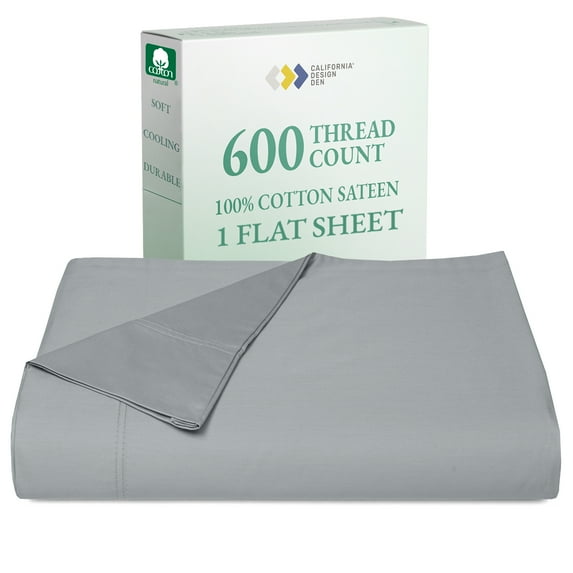 100% Natural Cotton Flat Sheet Only - 600 Thread Count, Soft and Crisp, Breathable, Top Sheet Only, Premium Sateen Weave - Light Grey, Queen Size
