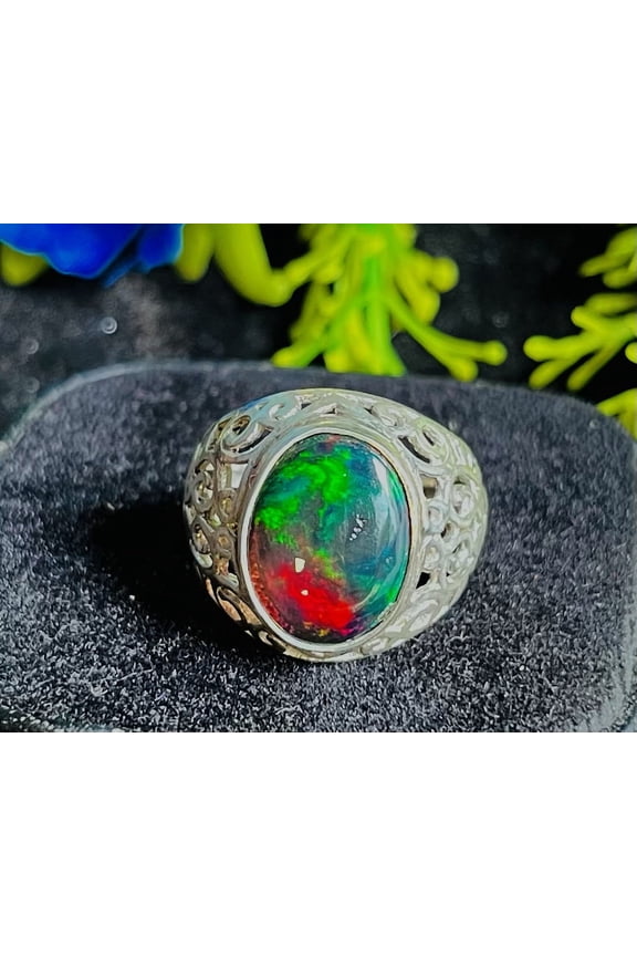 100% Natural Ethiopian Black Smoked Fire Opal 925 Silver Plated Ring Very Good Design Women and Man Gift Ring Certified Ring