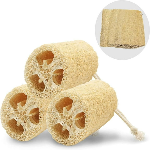 100% Natural Loofah Sponge,  Natural Loofah Exfoliating Bath Scrubber for Adults, Men and Women Shower or Cleaning Kitchenware (3 Count)