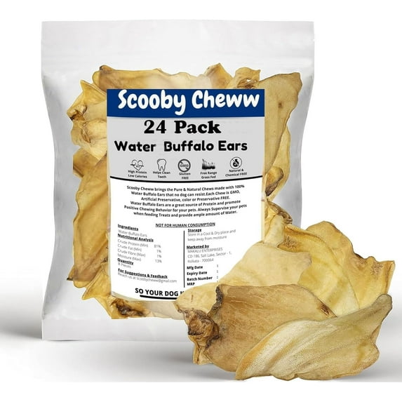 100% Natural Pet Treats 24 Pack Grass Fed Water Buffalo Ears for Dog High Protein Beef Cow Ears for Dogs Chews
