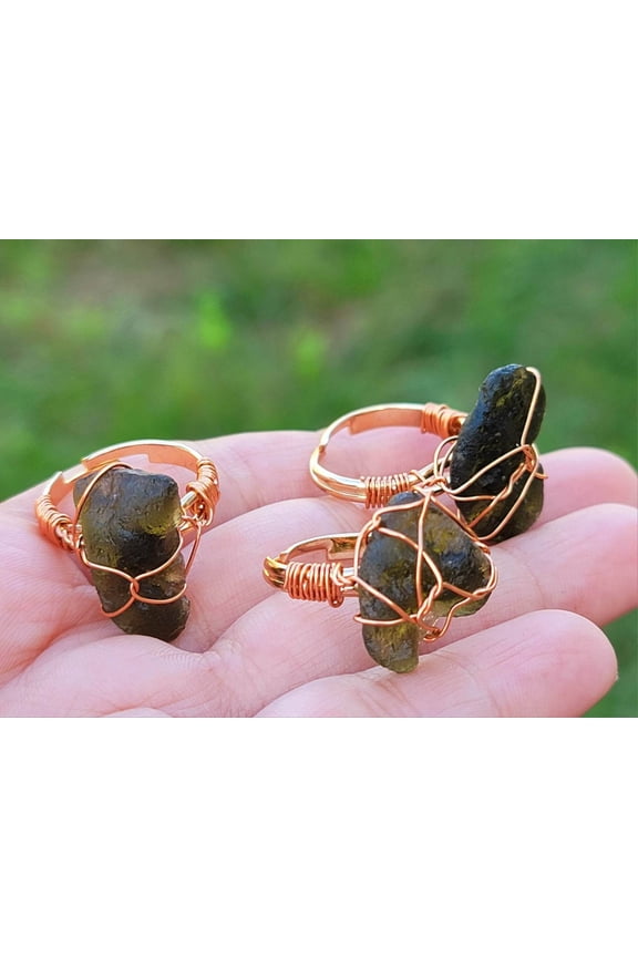 100% Natural Raw Moldavite Rings Wire Wrapped / Genuine Moldavite