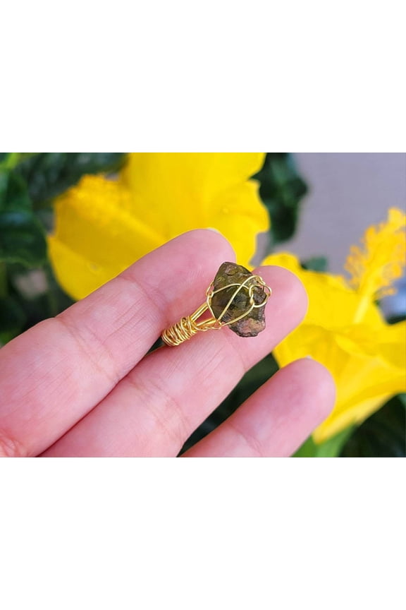 100% Natural Raw Moldavite Rings Wire Wrapped / Genuine Moldavite