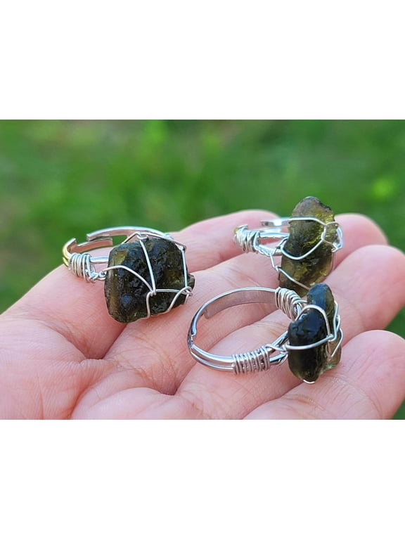 100% Natural Raw Moldavite Rings Wire Wrapped / Genuine Moldavite