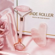 100% Natural Roller For Face Skin Care&Authentic Rose Quartz Gua Sha Facial Massager,Beauty Tools For Anti Aging,Eye Puffiness Treatment,Remove ,Facial & Firming,Relieve Fine Line