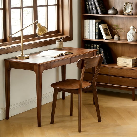 100% Natural Solid Wood Dining Chair Mid Century Modern Kitchen Chair with Curved Backrest Adjustable Foot Pads Walnut Dining Room Living Room Study Chair, Walnut