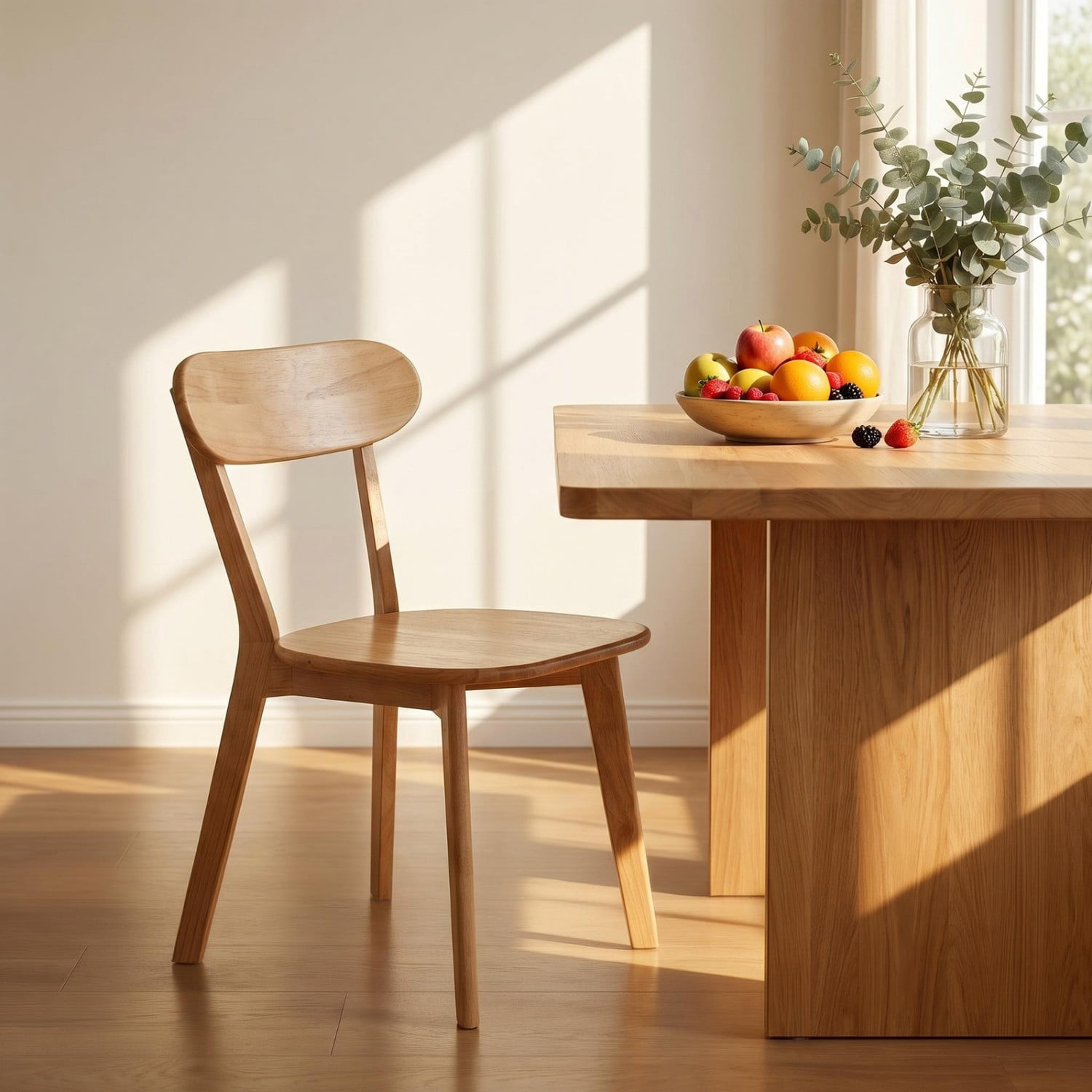 100% Natural Solid Wood Dining Chair Mid Century Modern Kitchen Chair with Curved Backrest Adjustable Foot Pads Walnut Dining Room Living Room Study Chair, Natural