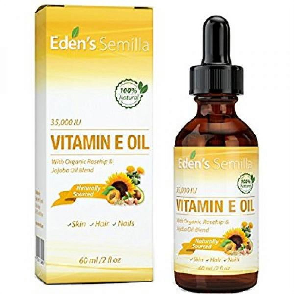 100% Natural Vitamin E Oil 35,000 IU + Organic Rosehip & Jojoba Blend - 2 OZ Bottle. FAST Absorbing Skin Protection For Face & Body. Pure Ingredients - Ideal For Sensitive Skin - Use Daily - image 1 of 4