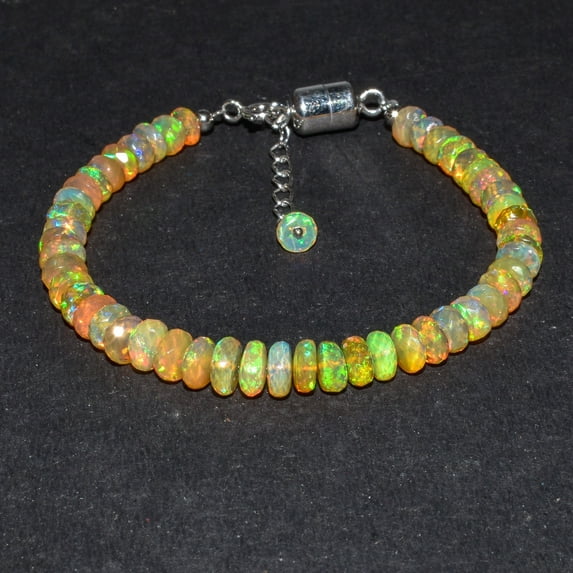 Natural Welo Fire Opal Faceted Rondelles Gemstone Bracelets, Healing Crystals and Stone, Birthstone, Rhodium Plated 925 Sterling Silver Bracelet, Premium Gift for Women Jewelry