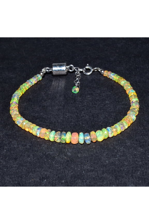 100% Natural Welo Fire Opal Faceted Rondelles Gemstone Bracelets, Healing Crystals and Stone, Birthstone, Rhodium Plated 925 Sterling Silver Chain 8 inch, Premium Gift Women Jewelry