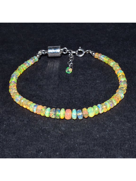 100% Natural Welo Fire Opal Faceted Rondelles Gemstone Bracelets, Healing Crystals and Stone, Birthstone, Rhodium Plated 925 Sterling Silver Chain 8 inch, Premium Gift Women Jewelry