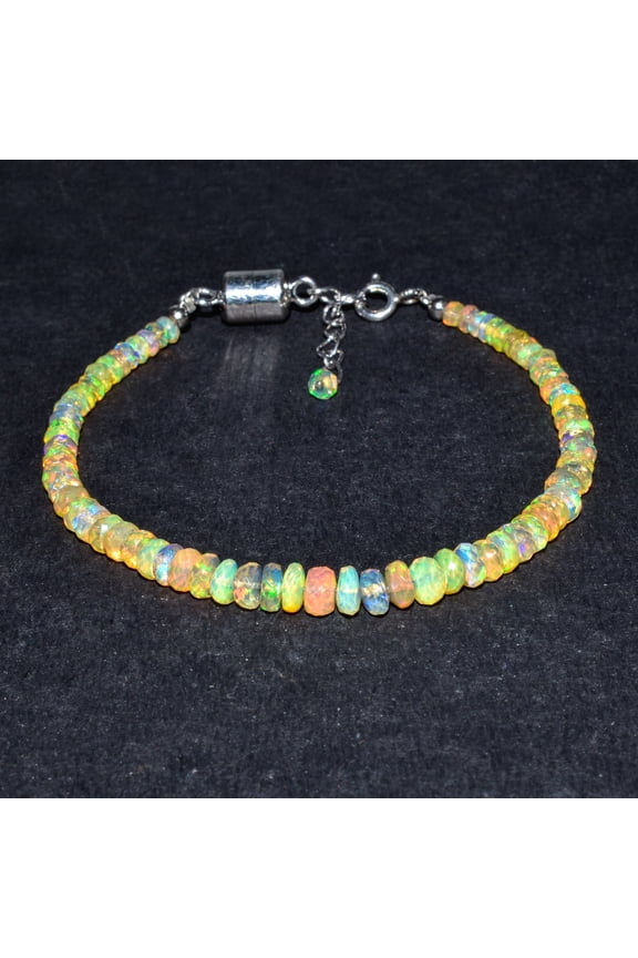 100% Natural Welo Fire Opal Faceted Rondelles Gemstone Bracelets, Healing Crystals and Stone, Birthstone, Rhodium Plated 925 Sterling Silver Chain 8 inch, Premium Gift Women Jewelry