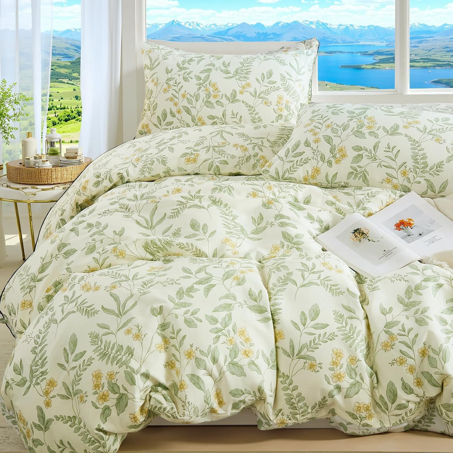 100% Nature Cotton Duvet Cover  - Vintage Reversible Green and Yellow Floral Garden Style Comforter Cover with Zipper Closure, 3 Pieces Soft & Breathable Green Bedding Set