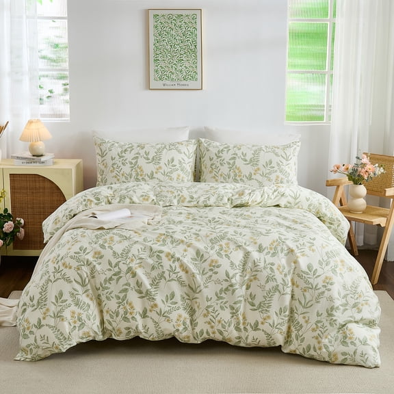 100% Nature Cotton Duvet Cover Vintage Reversible Green and Yellow Floral Garden Style Comforter Cover with Zipper Closure, 3 Pieces Soft & Breathable Green Bedding Set