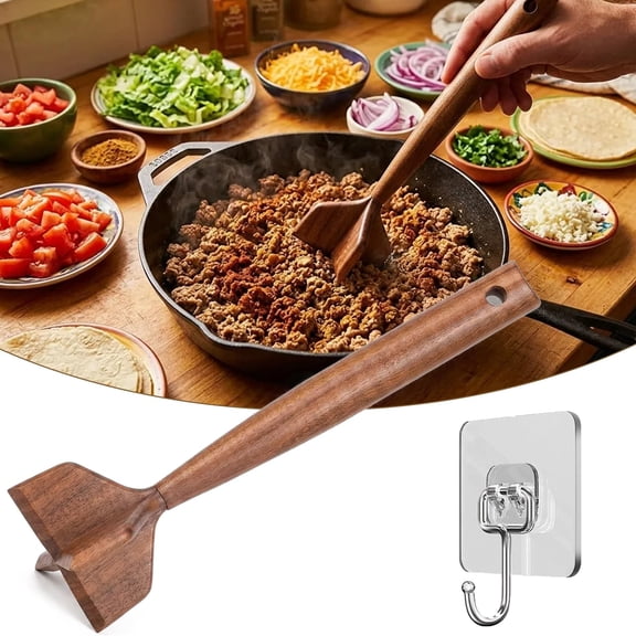 100% Nature Wooden Meat Chopper - Safe for All Nonstick Cookware, Ground Beef Masher with Ergonomic Cool-Touch Handle Design, Meat Grinder for Kitchen Tool for Beef, Turkey, Tacos Chili Sausage