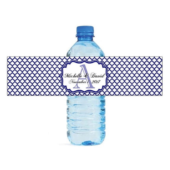 100 Navy Blue Quatrefoil Wedding Anniversary Engagement Party Water Bottle labels Bridal Shower