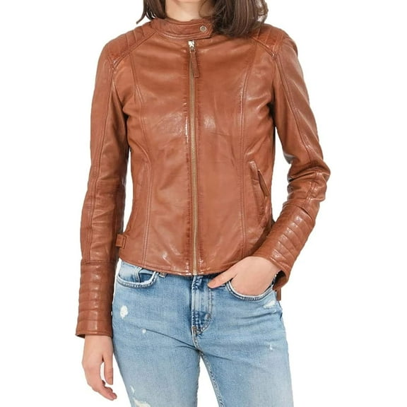 100% New Genuine Leather Lambskin Women Biker Motorcycle Jacket Ladies Brown Jacket W118