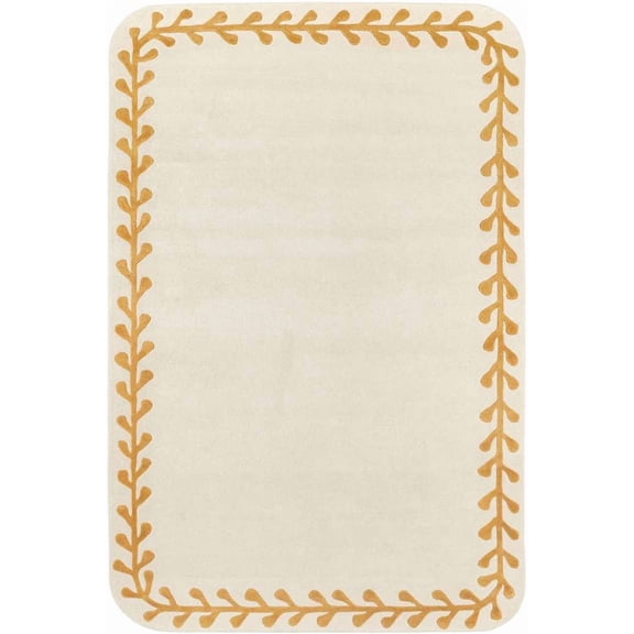 100% New Zealand Wool Rectangular Area Rug, Hand-Tufted Botanical Vine Border Carpet with Rounded Corners & Cotton Backing, Soft High-Density Pile for Living Room & Nursery, Gold & Ivory 4X6 ft