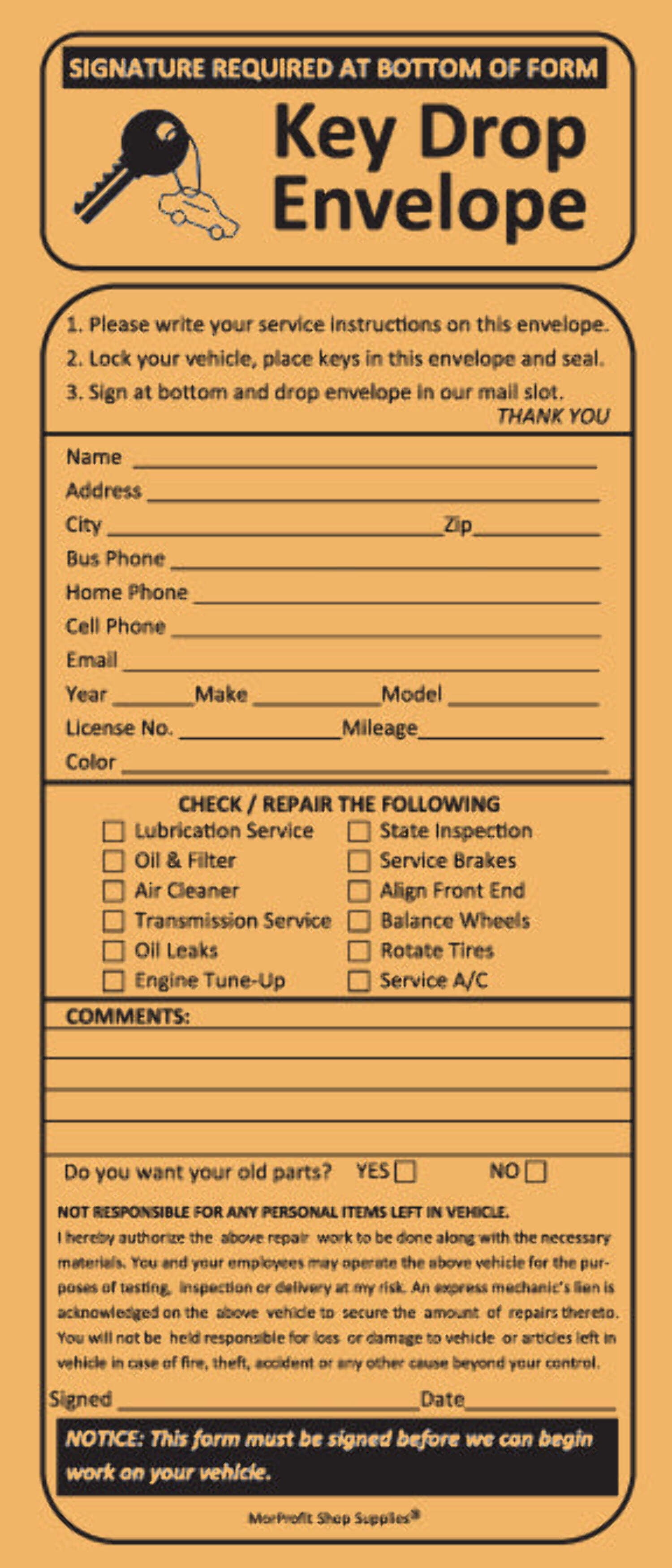 100 Night Drop Key Envelopes - Auto Repair Shops and Mechanics